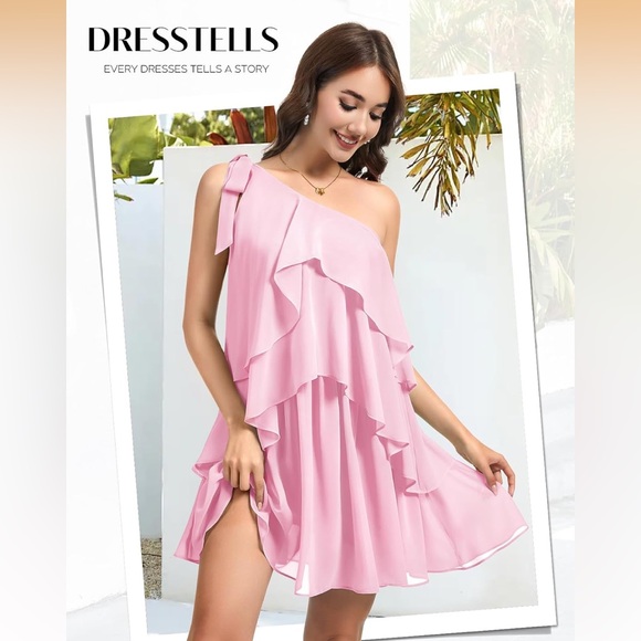 Asymmetrical One-Shoulder Pink Ruffle Dress - Picture 3 of 11